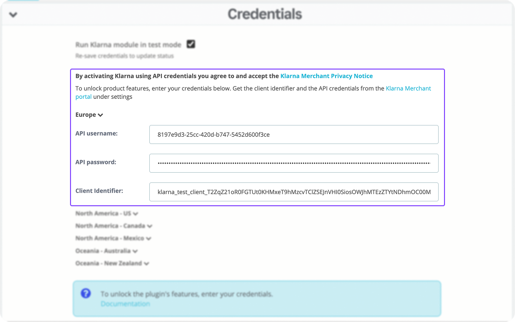 Adding API credentials on Klarna module