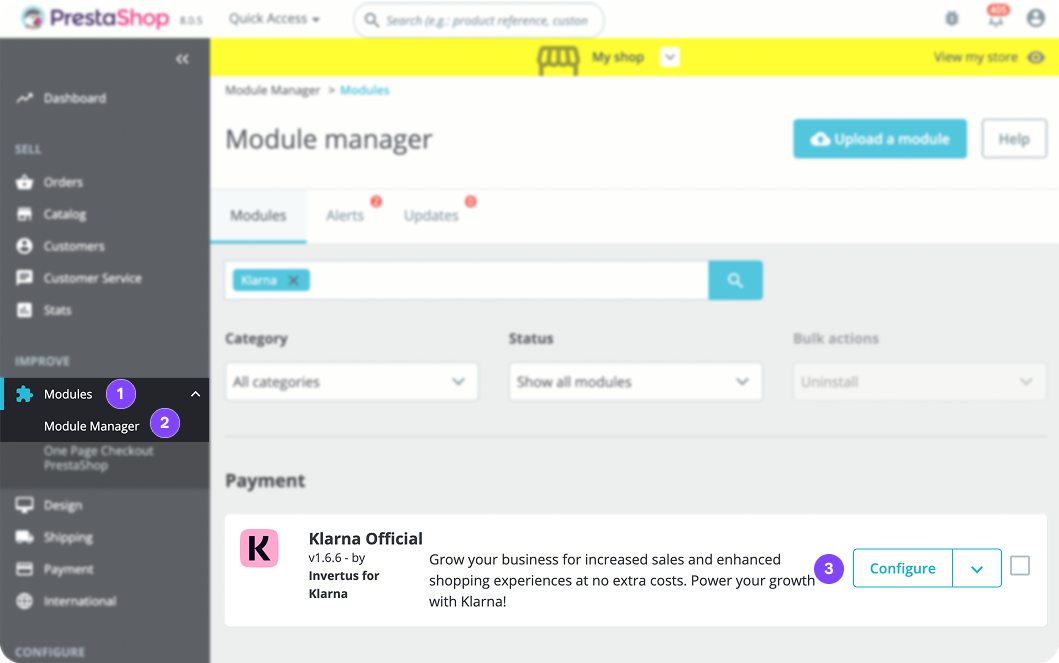 Find Klarna module on PrestaShop back office
