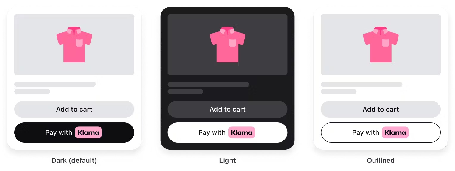 An image showing shopping site prototypes with all available colors that can be selected for the Express checkout button theme: the default dark theme, the light theme, and the outlined theme.