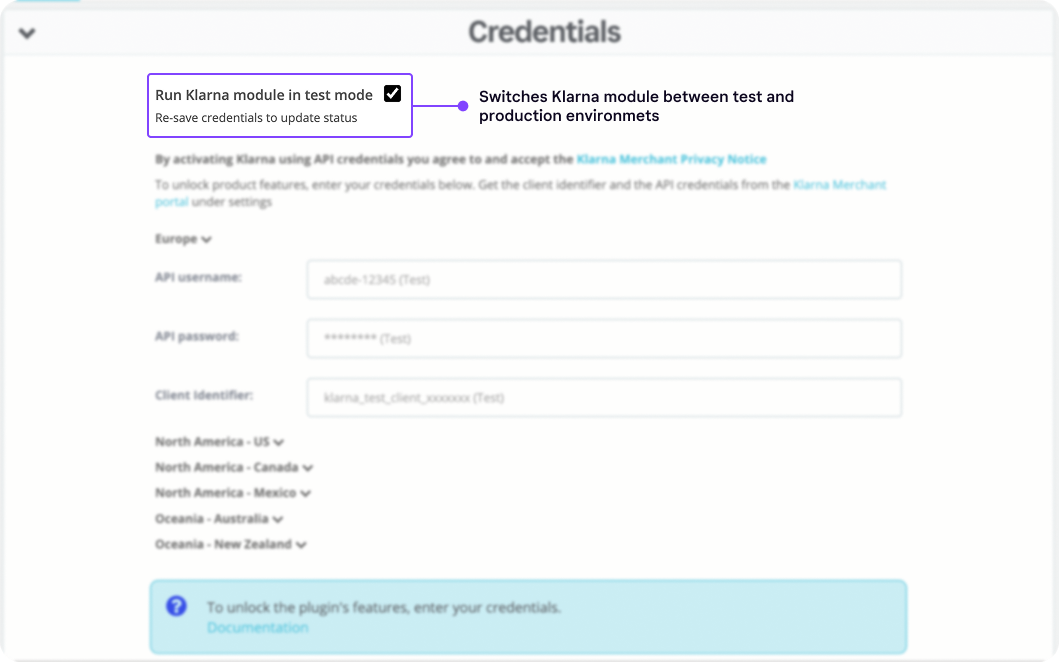 Klarna module environment